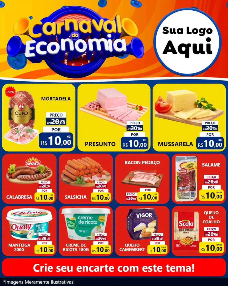 Modelo de Rede Social para Feed Instagram com o tema Carnaval da Economia para Frios e Laticínios