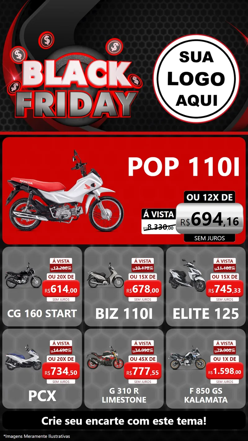 Modelo de Rede Social para Stories com o tema Black Friday para Concessionaria de Motos