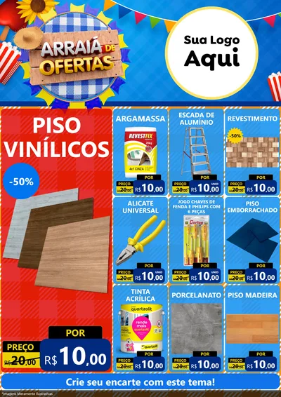 Modelo de Encarte para Encarte A4 Vertical com o tema Arraiá de Ofertas para Material para Construção