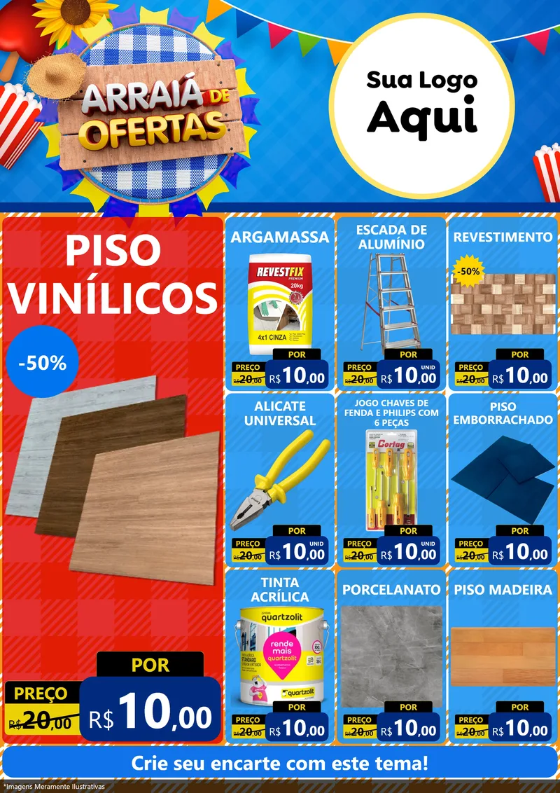 Modelo de Encarte para Encarte A4 Vertical com o tema Arraiá de Ofertas para Material para Construção