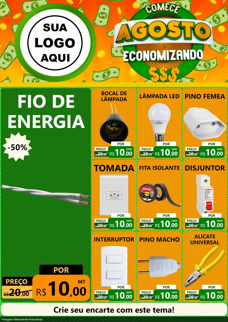 Modelo de Encarte para Encarte A4 Vertical com o tema Comece Agosto Economizando para Materiais Elétricos