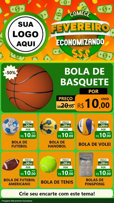 Modelo de Rede Social para Stories com o tema Comece Fevereiro Economizando para Artigos Esportivos