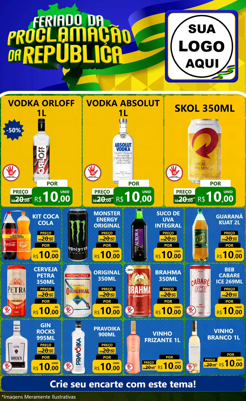 Modelo de Encarte para Encarte Grande com o tema Feriado da Proclamação da República para Distribuidora de bebidas