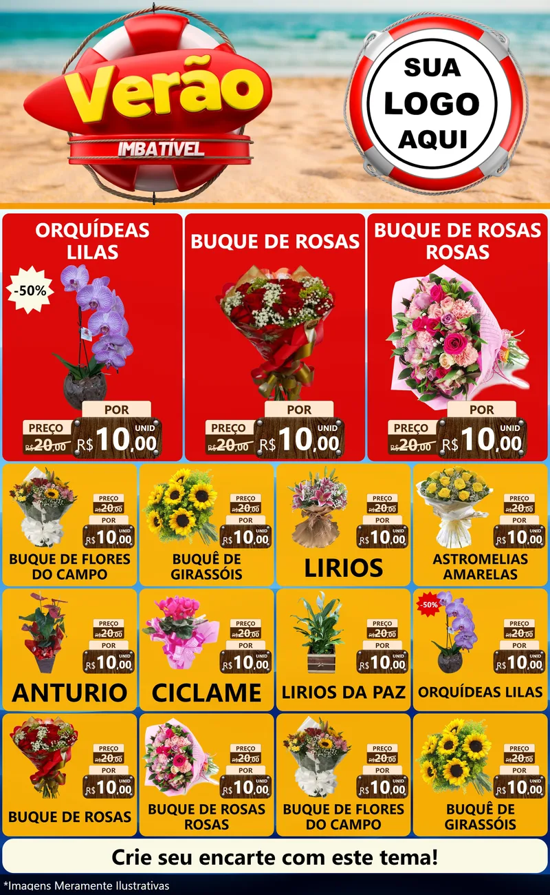 Modelo de Encarte para Encarte Grande com o tema Verão Imbatível para Floricultura e jardim