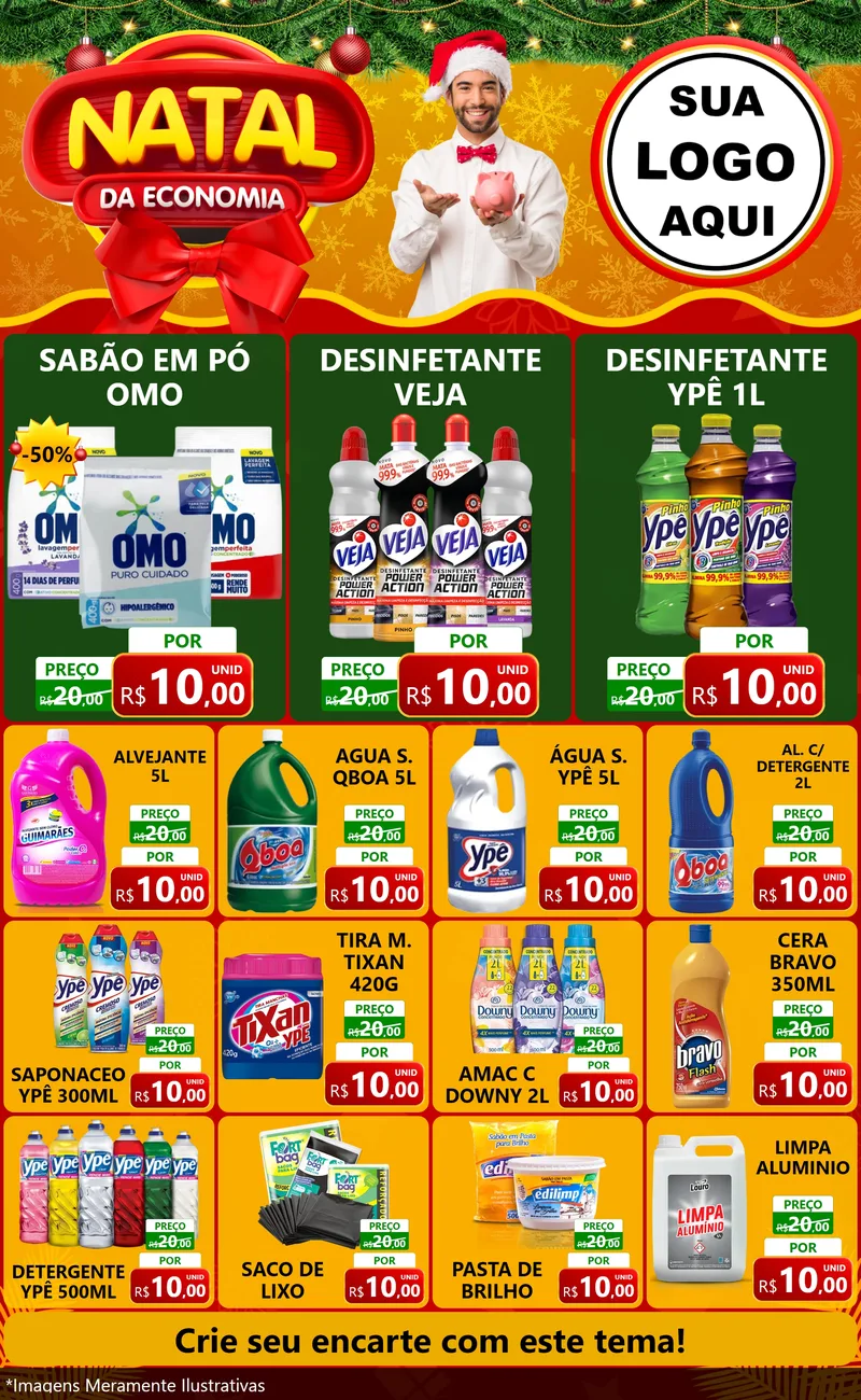 Modelo de Encarte para Encarte Grande com o tema Natal da Economia para Produtos de Limpeza