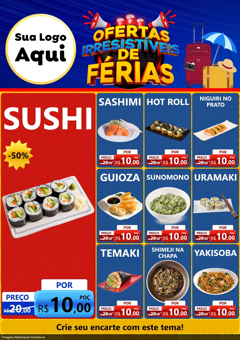 Modelo de Encarte para Encarte A4 Vertical com o tema Ofertas Irresistíveis de Férias para Comida japonesa