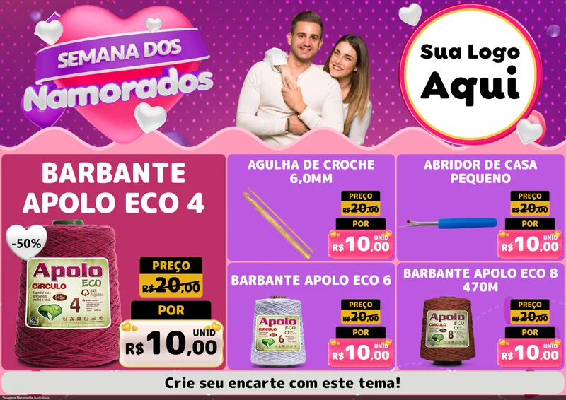 Modelo de Encarte para Encarte A4 Horizontal com o tema Semana dos Namorados para Armarinho e Aviamentos