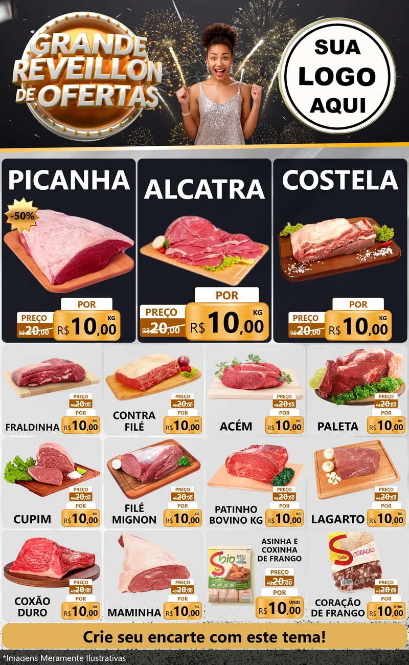Modelo de Encarte para Encarte Grande com o tema Grande Réveillon de Ofertas para Açougue