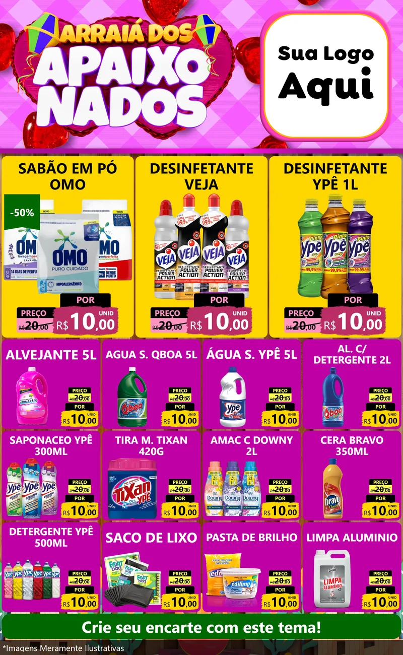 Modelo de Encarte para Encarte Grande com o tema Arraiá dos Apaixonados para Produtos de Limpeza