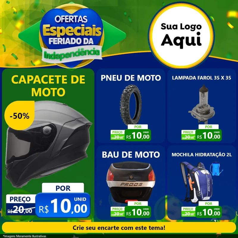Modelo de Rede Social para Feed Facebook com o tema Ofertas Especiais Feriado da Independência para Moto peças