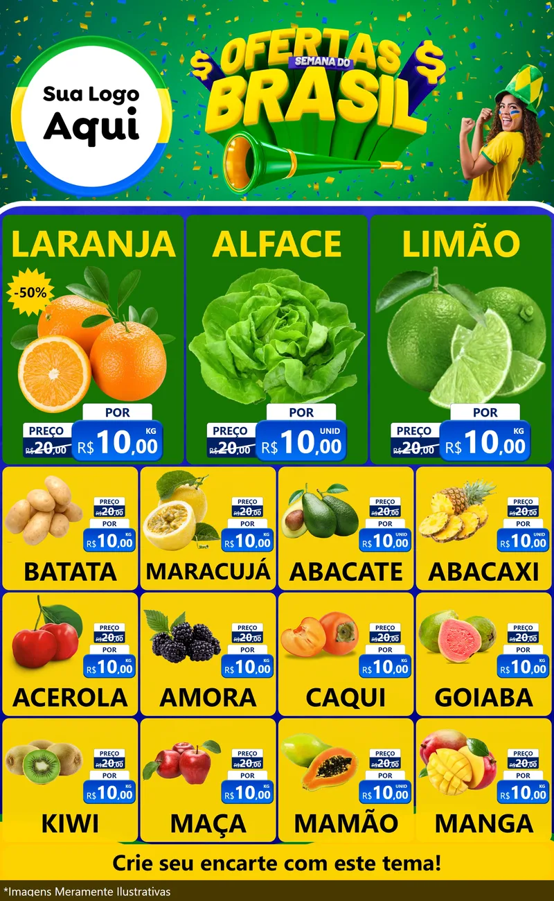Modelo de Encarte para Encarte Grande com o tema Ofertas Semana do Brasil para Hortifrúti