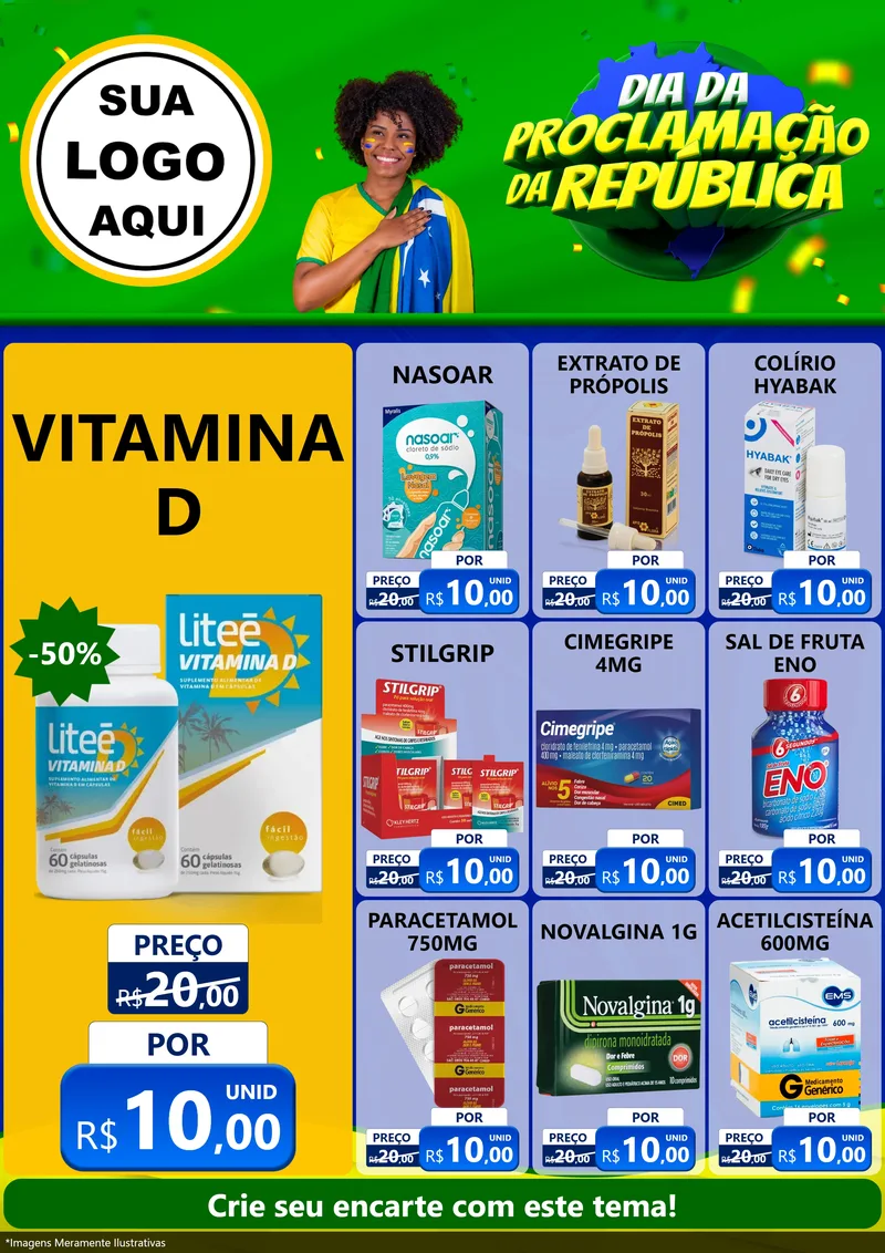 Modelo de Encarte para Encarte A4 Vertical com o tema Dia Da Proclamação Da República para Farmácia