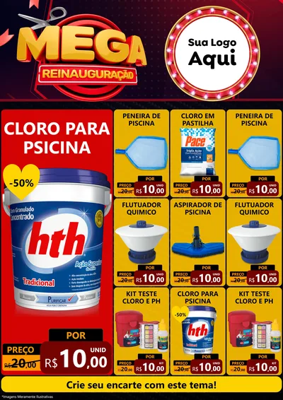 Modelo de Encarte para Encarte A4 Vertical com o tema Mega Reinauguração para Produtos para Piscina