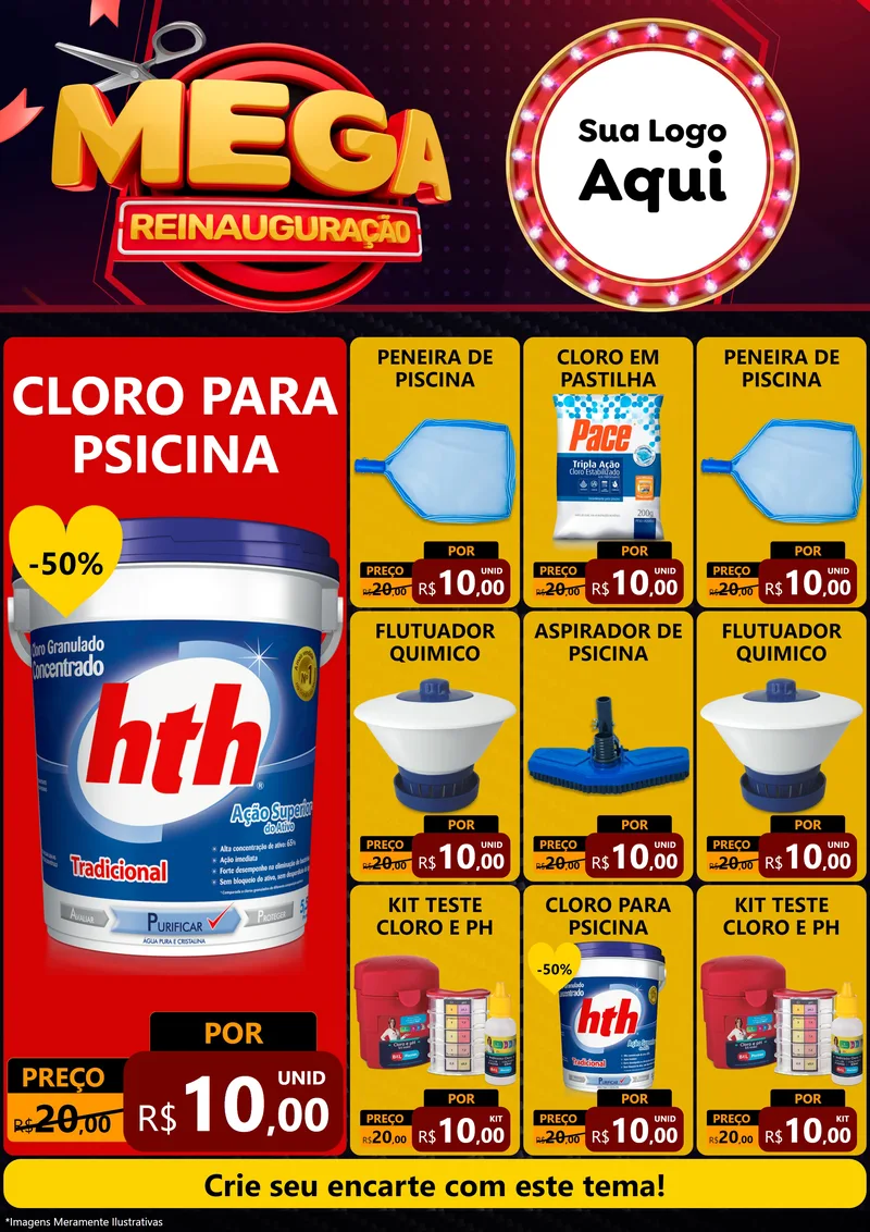 Modelo de Encarte para Encarte A4 Vertical com o tema Mega Reinauguração para Produtos para Piscina