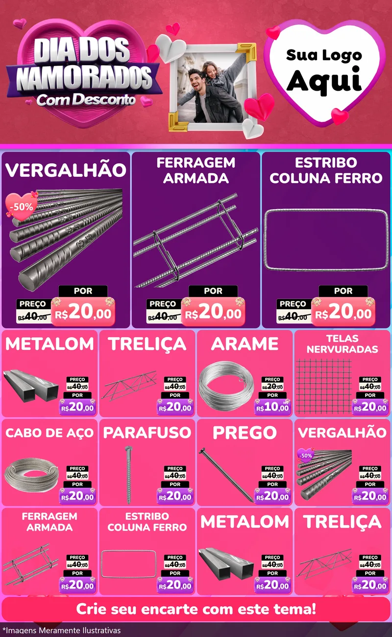 Modelo de Encarte para Encarte Grande com o tema Dia Dos Namorados Com Desconto para Ferragens