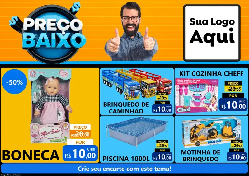 Modelo de Encarte para Encarte A4 Horizontal com o tema Preço Baixo para Brinquedos