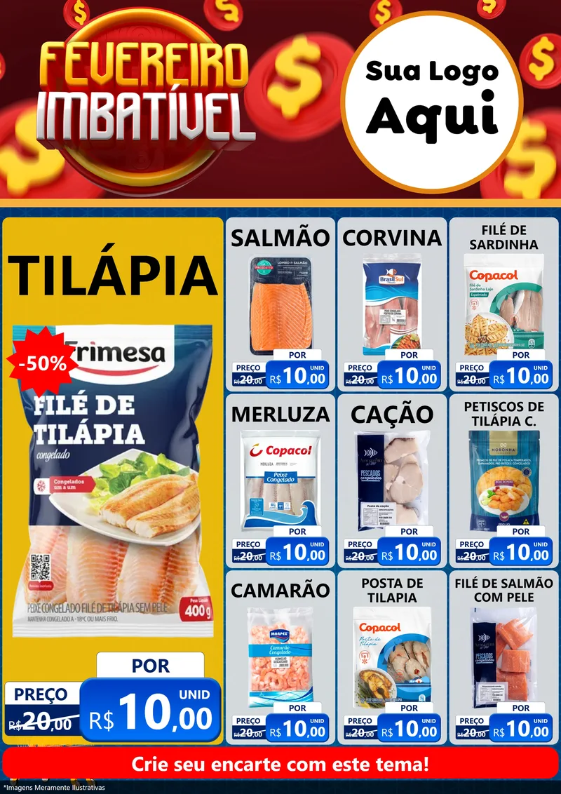 Modelo de Encarte para Encarte A4 Vertical com o tema Fevereiro Imbatível para Peixaria