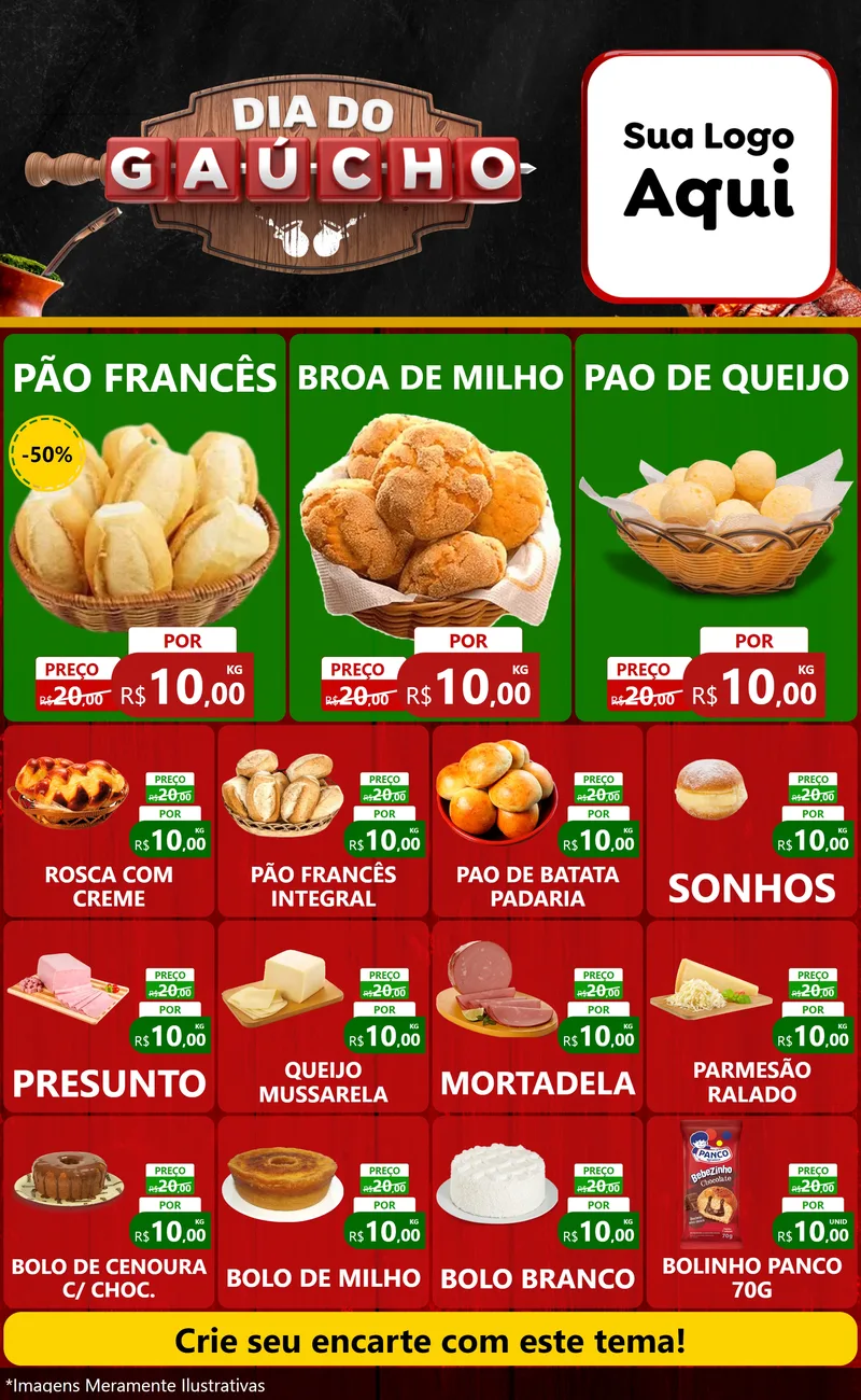 Modelo de Encarte para Encarte Grande com o tema Dia do Gaúcho para Padaria