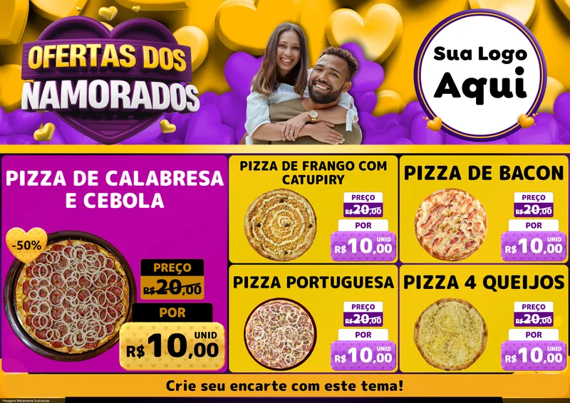 Modelo de Encarte para Encarte A4 Horizontal com o tema Oferta Dos Namorados para Pizzaria