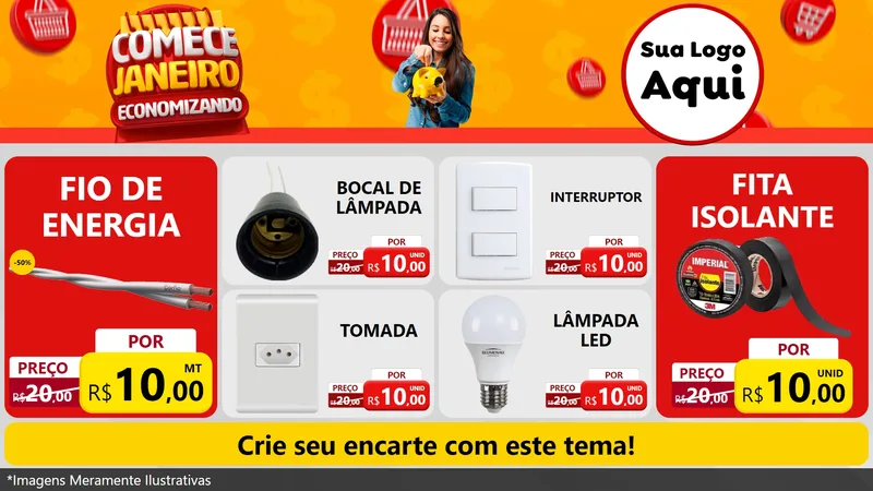 Modelo de TV para TV Horizontal com o tema Comece Janeiro Economizando para Materiais Elétricos