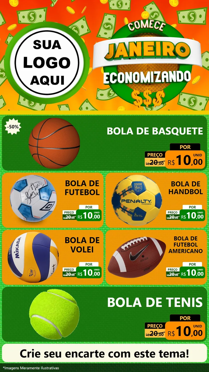 Modelo de TV para TV Vertical com o tema Comece Janeiro Economizando para Artigos Esportivos