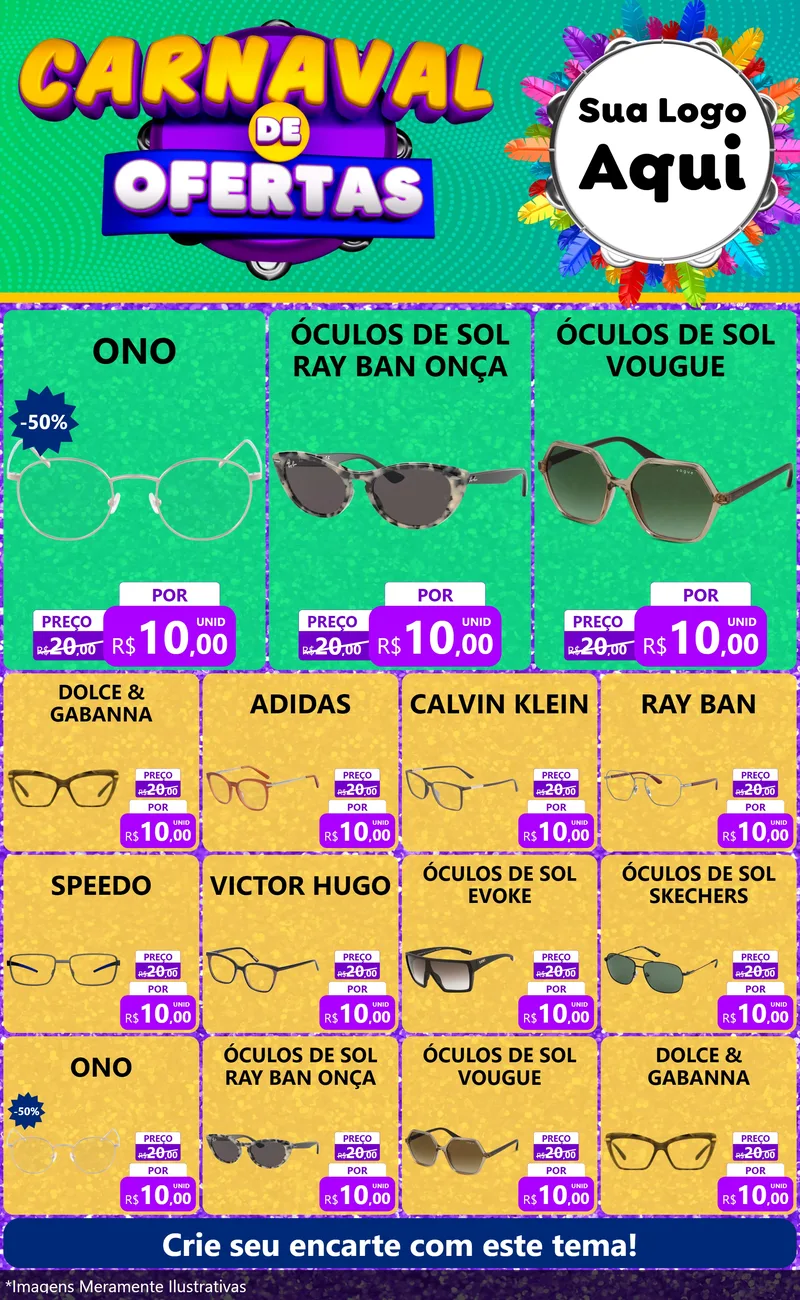 Modelo de Encarte para Encarte Grande com o tema Carnaval de Ofertas para Óticas