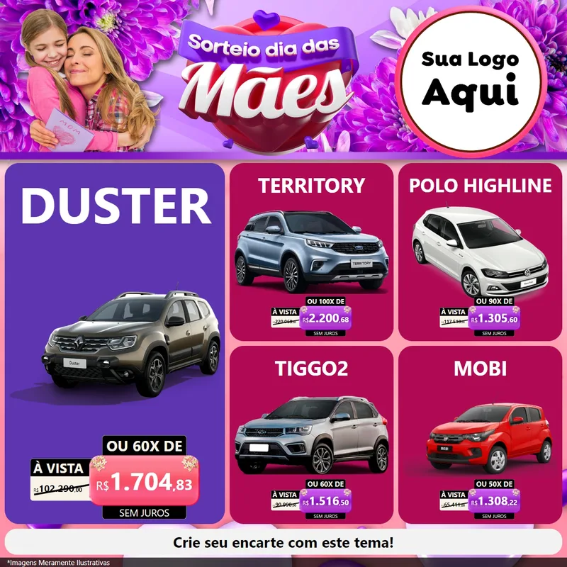 Modelo de Rede Social para Feed Facebook com o tema Sorteio Dia das Mães para Concessionaria de Carros