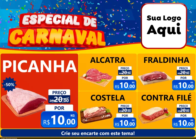 Modelo de Encarte para Encarte A4 Horizontal com o tema Especial de Carnaval para Açougue