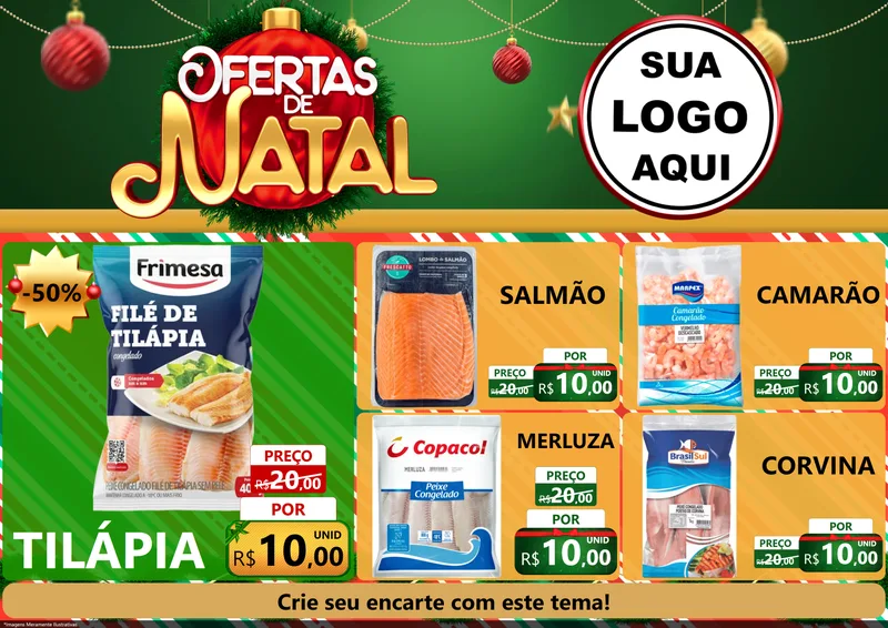 Modelo de Encarte para Encarte A4 Horizontal com o tema Ofertas de Natal para Peixaria