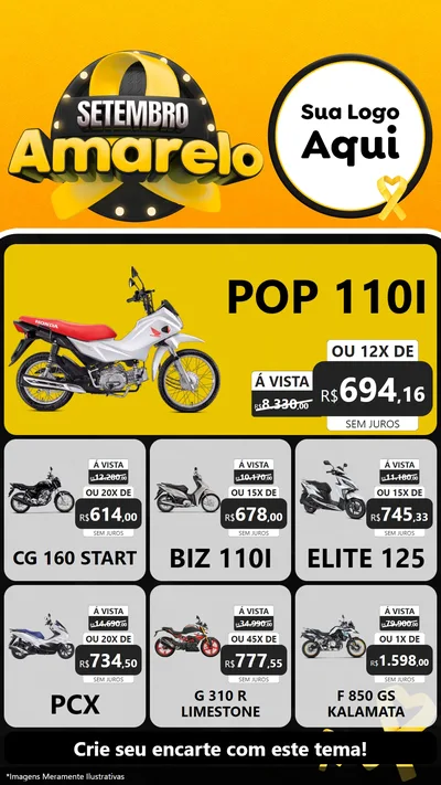 Modelo de Rede Social para Stories com o tema Setembro Amarelo para Concessionaria de Motos