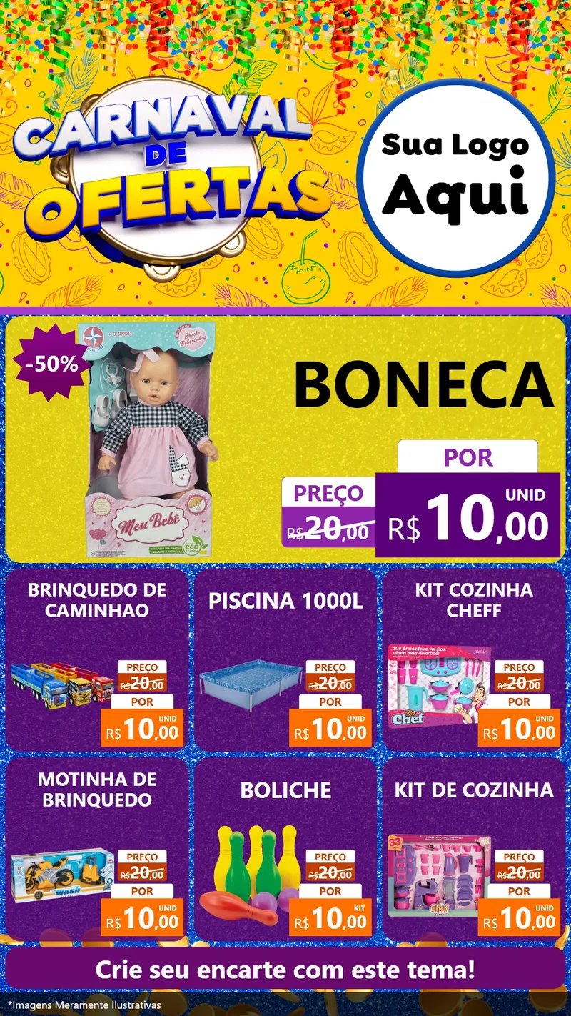 Modelo de Rede Social para Stories com o tema Carnaval de Ofertas para Brinquedos