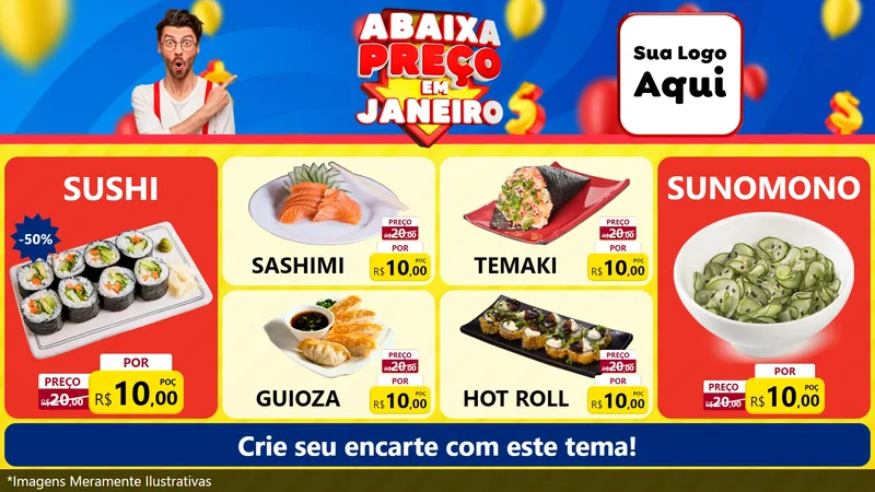 Modelo de TV para TV Horizontal com o tema Abaixa Preço em Janeiro para Comida japonesa