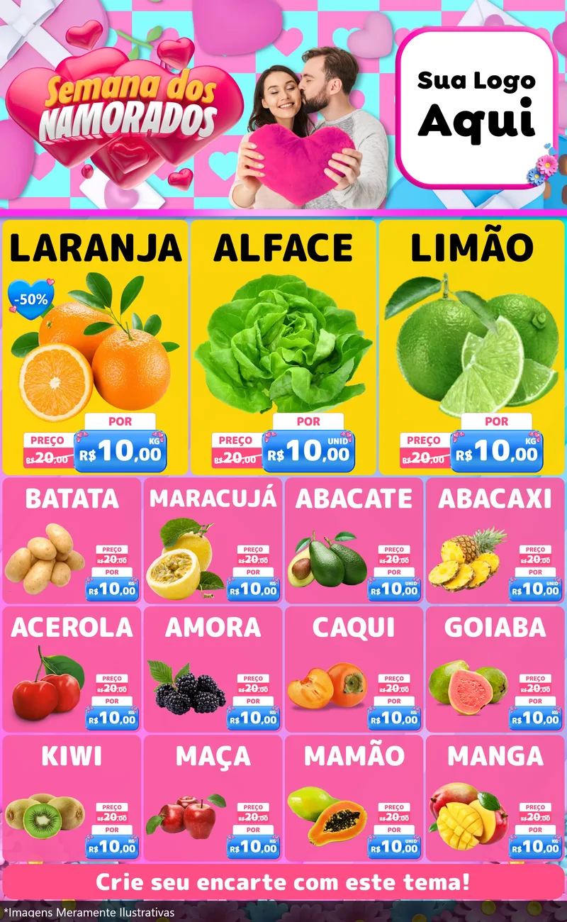 Modelo de Encarte para Encarte Grande com o tema Semana dos Namorados para Hortifrúti
