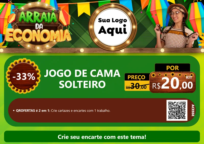Modelo de Cartaz para Cartaz A4 Horizontal com o tema Arraiá de Economia para Cama, Mesa e Banho