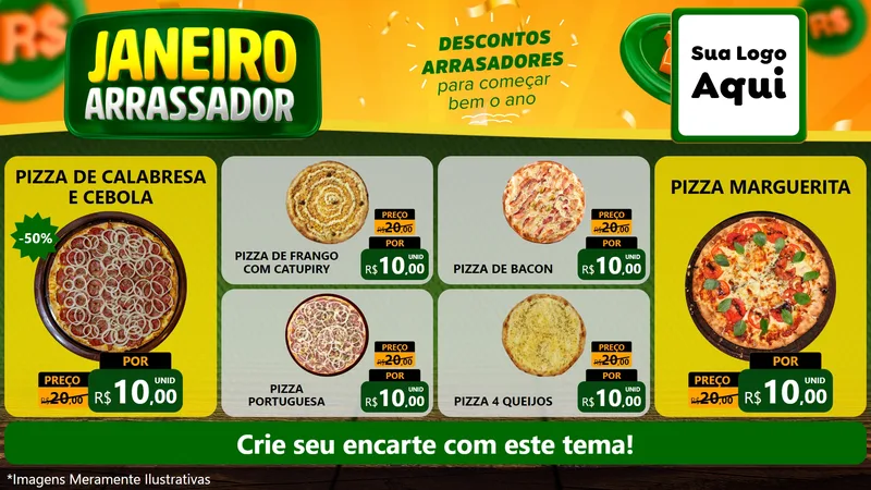 Modelo de TV para TV Horizontal com o tema Janeiro Arrasador para Pizzaria