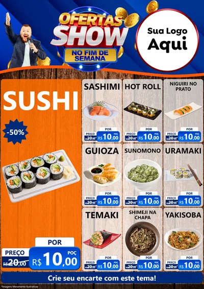 Modelo de Encarte para Encarte A4 Vertical com o tema Ofertas Show No Fim De Semana para Comida japonesa