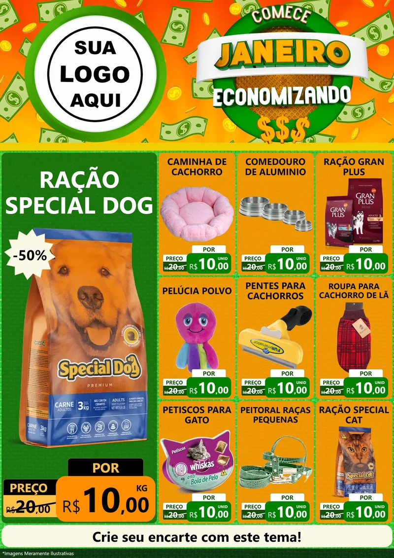 Modelo de Encarte para Encarte A4 Vertical com o tema Comece Janeiro Economizando para Pet Shop