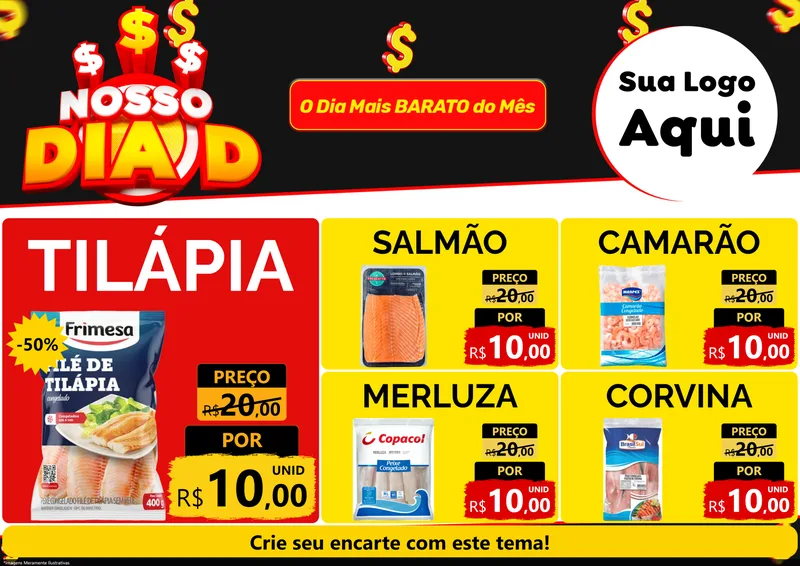 Modelo de Encarte para Encarte A4 Horizontal com o tema Nosso Dia D para Peixaria