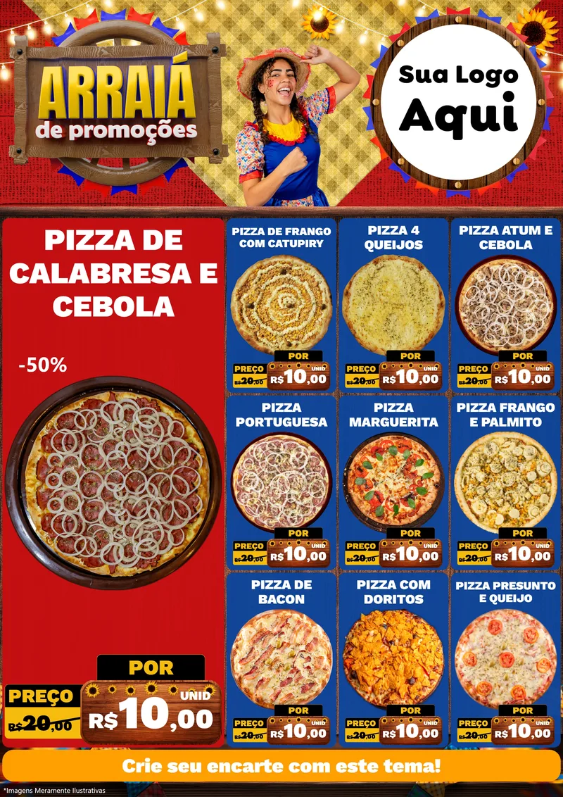Modelo de Encarte para Encarte A4 Vertical com o tema Arraiá de Promoções para Pizzaria