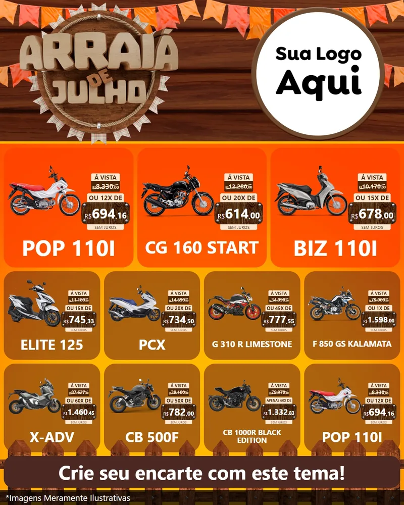 Modelo de Rede Social para Feed Instagram com o tema Arraiá de Julho - Junina para Concessionaria de Motos