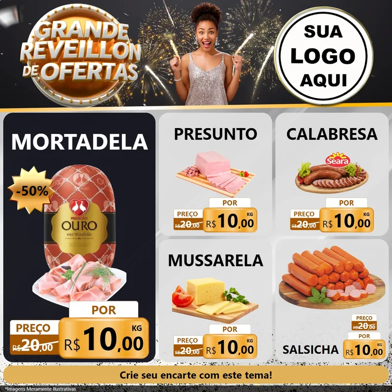 Modelo de Rede Social para Feed Facebook com o tema Grande Réveillon de Ofertas para Frios e Laticínios