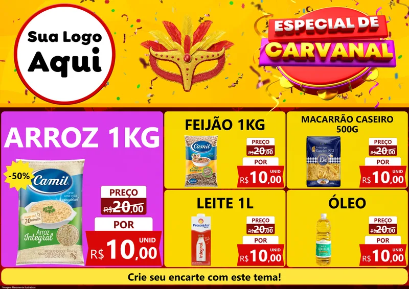 Modelo de Encarte para Encarte A4 Horizontal com o tema Especial de Carnaval para Supermercado
