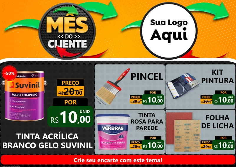 Modelo de Encarte para Encarte A4 Horizontal com o tema Mês do Cliente para Tintas e Ferramentas