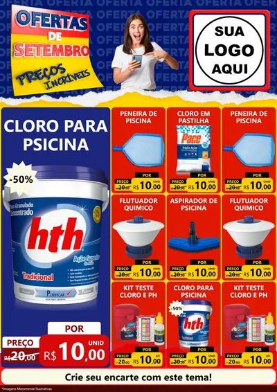 Modelo de Encarte para Encarte A4 Vertical com o tema Ofertas de Setembro - Preços Incríveis para Produtos para Piscina