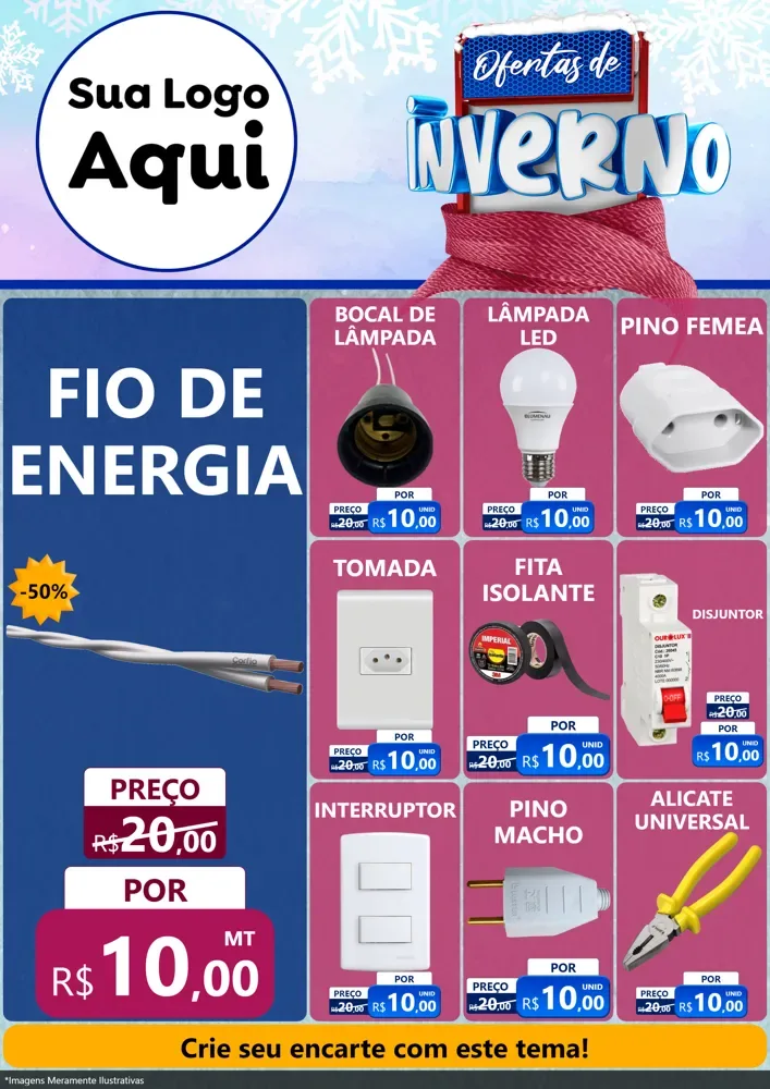 Modelo de Encarte para Encarte A4 Vertical com o tema Ofertas de Inverno para Materiais Elétricos