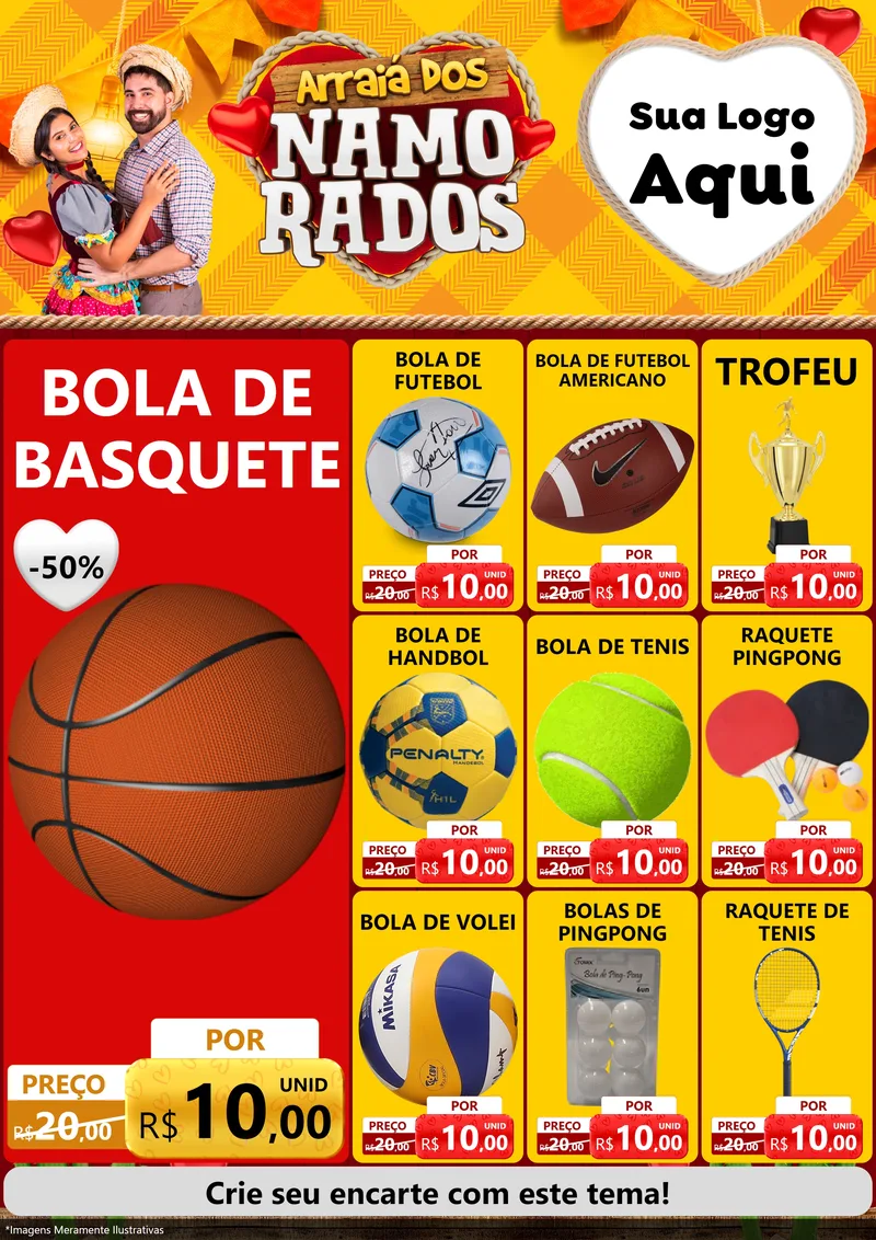 Modelo de Encarte para Encarte A4 Vertical com o tema Arraiá dos Namorados para Artigos Esportivos