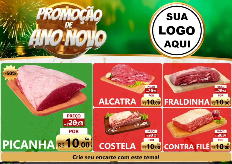 Modelo de Encarte para Encarte A4 Horizontal com o tema Promoção de Ano Novo para Açougue