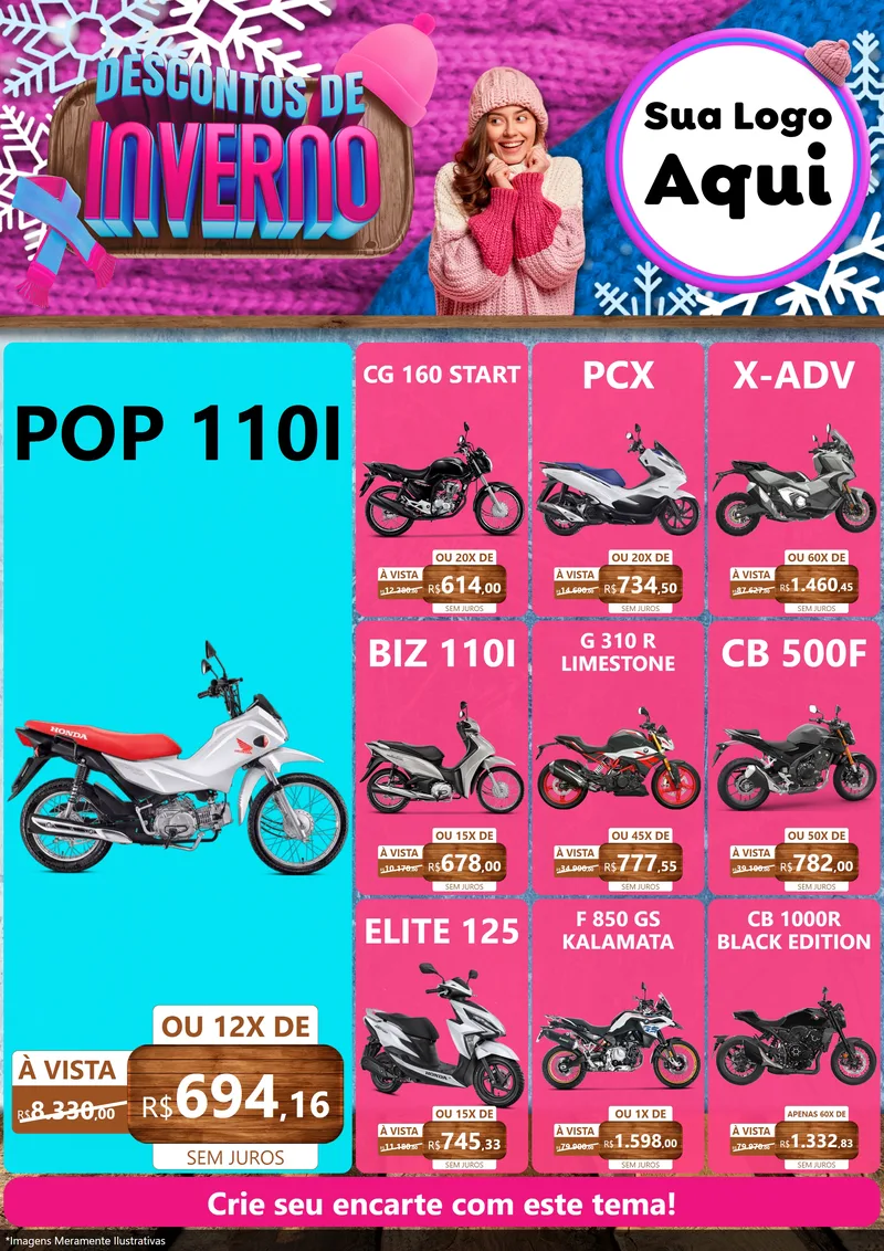 Modelo de Encarte para Encarte A4 Vertical com o tema Descontos de Inverno para Concessionaria de Motos