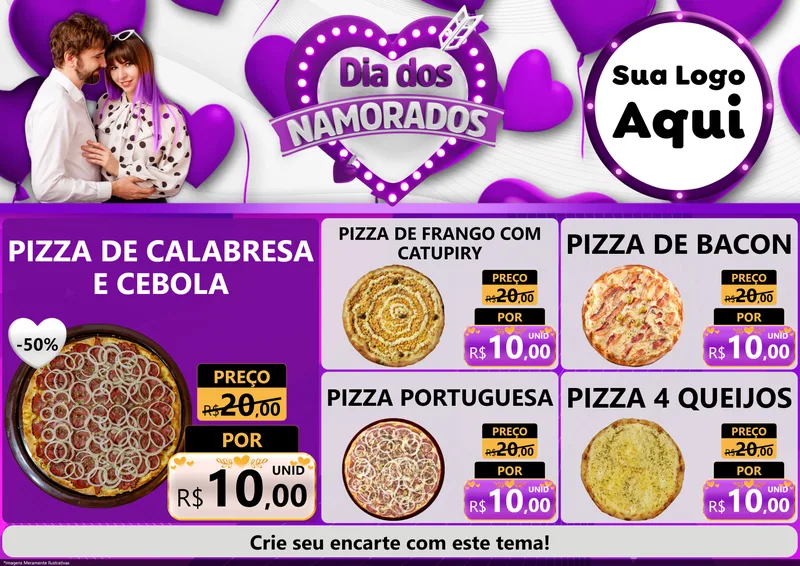 Modelo de Encarte para Encarte A4 Horizontal com o tema Dia dos Namorados para Pizzaria