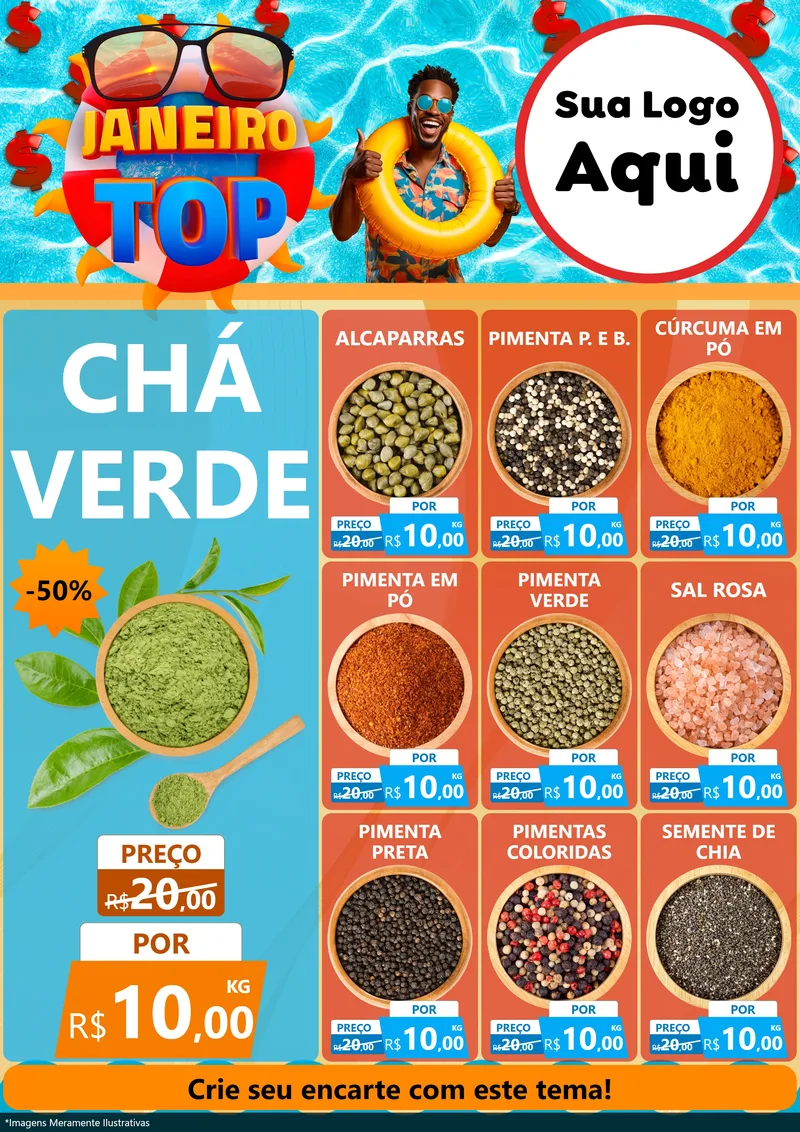 Modelo de Encarte para Encarte A4 Vertical com o tema Janeiro Top para Produtos Naturais